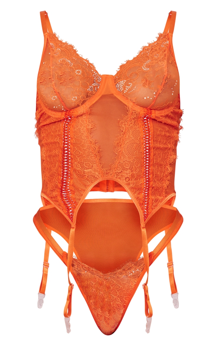 Orange Embroidered Trim Lace Corset & Brazilian Set image 5