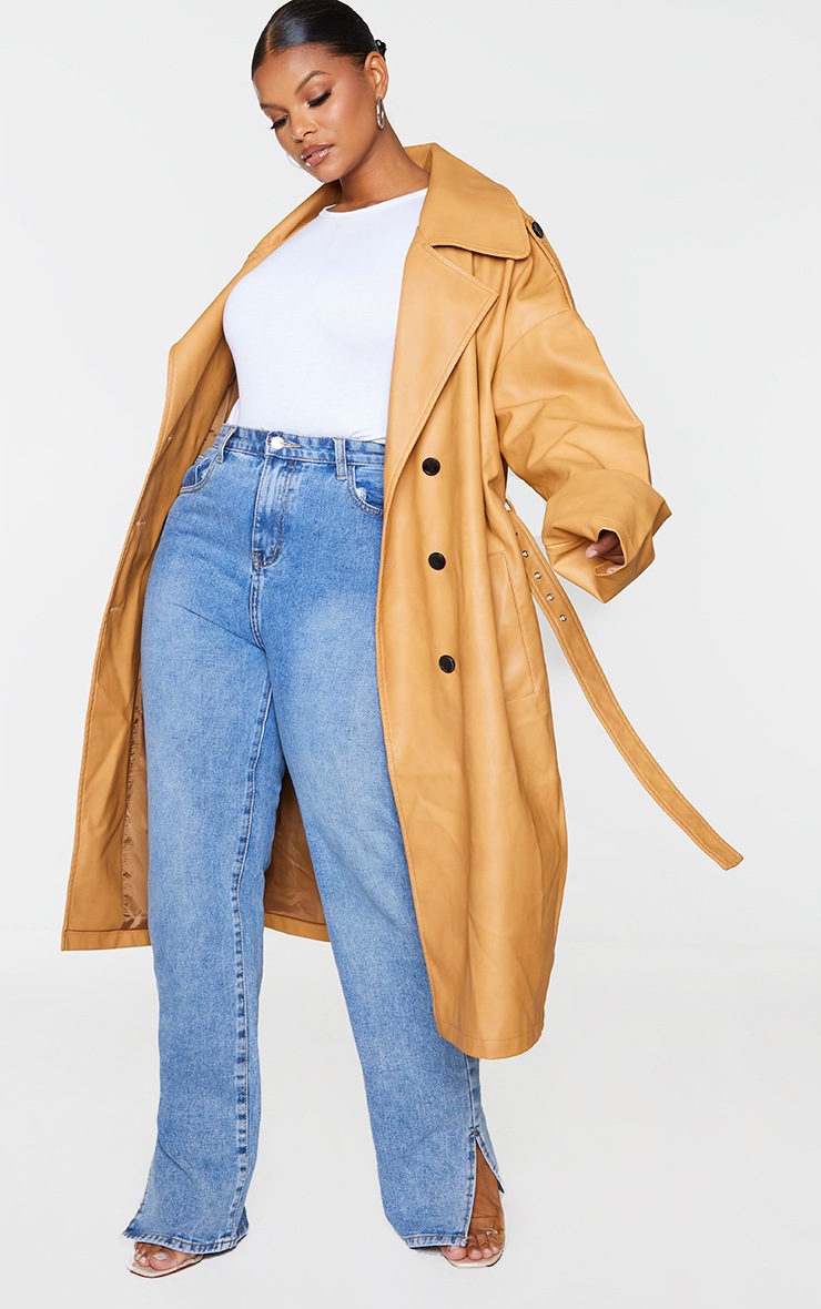 Plus Camel Faux Leather Drop Arm Midi Trench