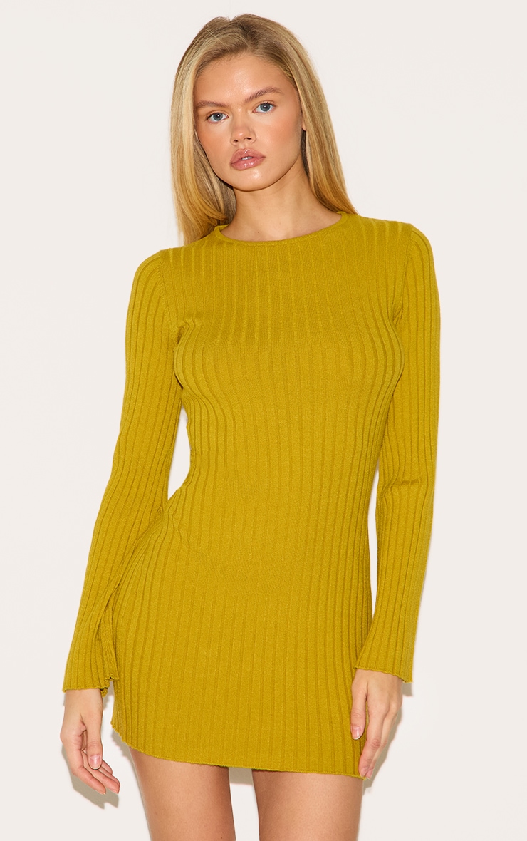 Olive Ribbed Knit Mini Dress image 3