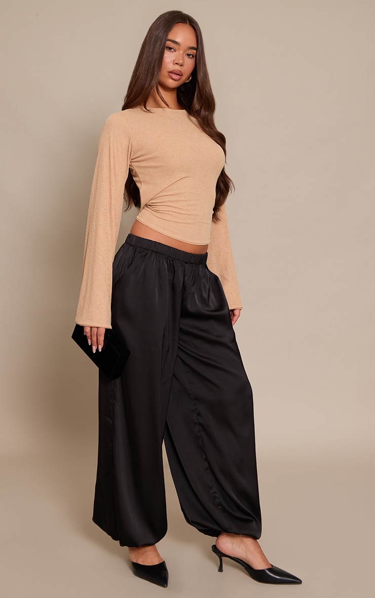 Tan Rib Onion Skin Flare Long Sleeve Top image 3