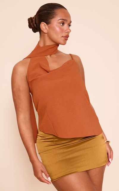 Shape Rust Hammered Satin Cowl Neck Scarf Drape Top