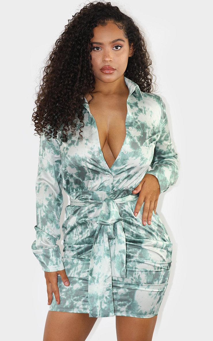 Khaki Tie Dye Satin Ruched Shirt Dress