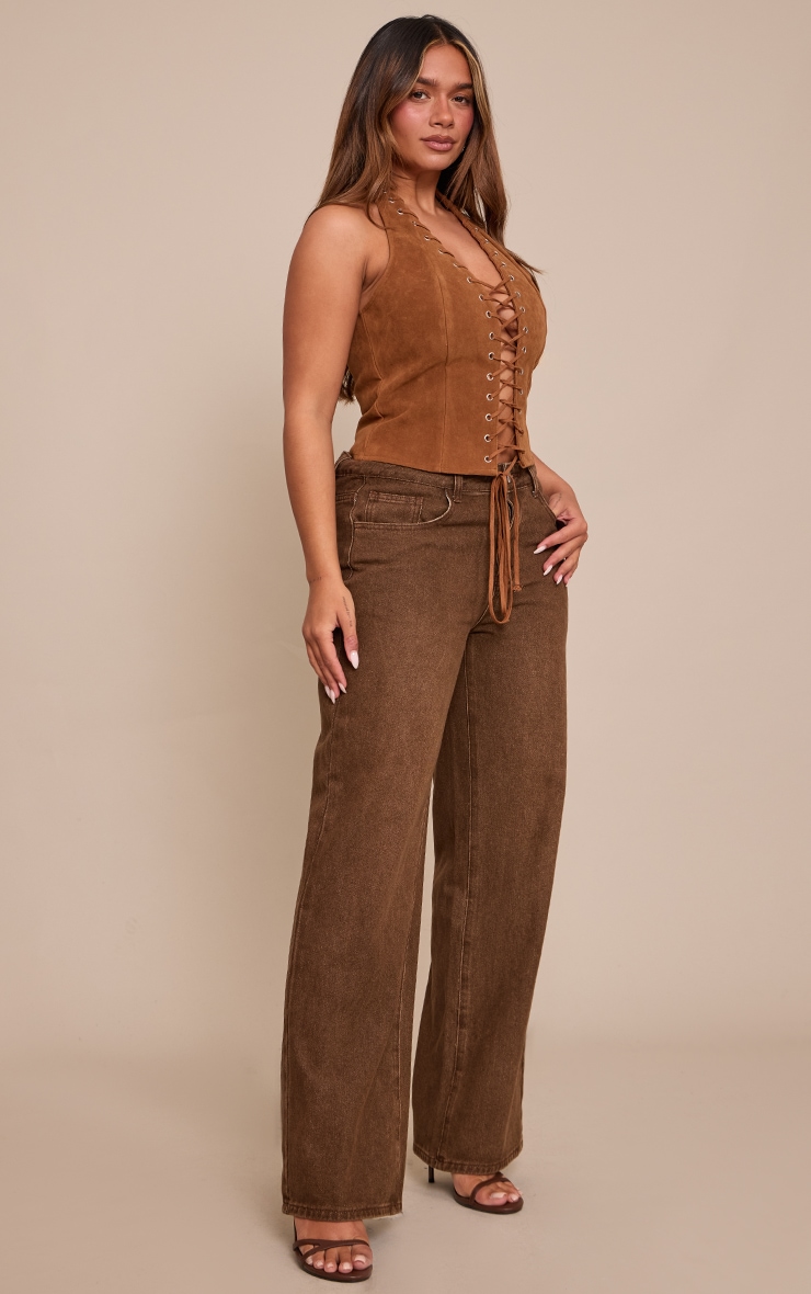 Shape Brown Faux Suede Halter Neck Lace Up Corset image 3