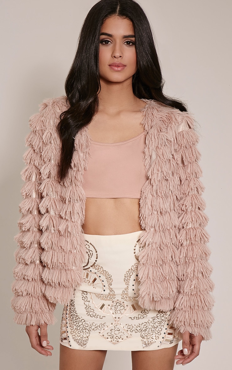 Asara Blush Faux Fur Shaggy Jacket Knitwear PrettyLittleThing