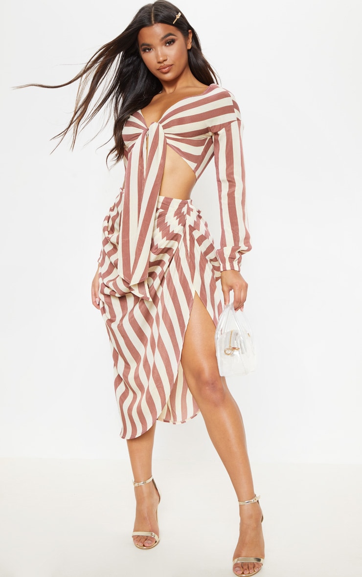 Tan Stripe Ruched Side Midi Skirt