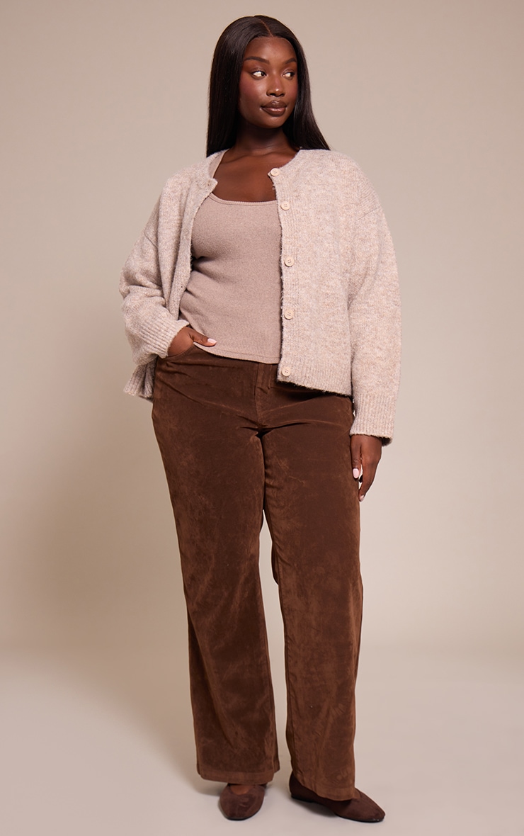 Plus Taupe Brushed Oversized Detail Round Neck Cardigan image 3