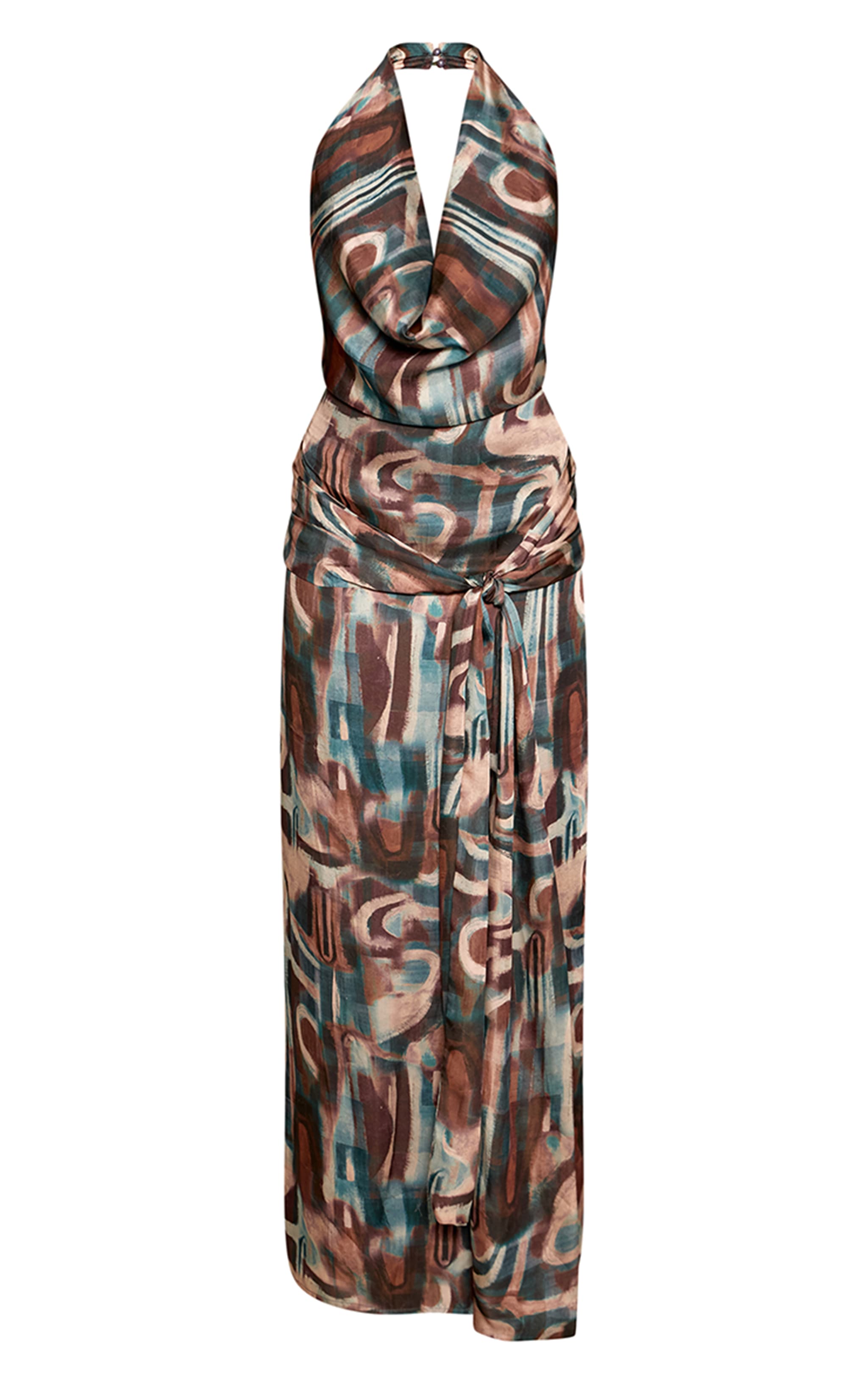 Blue Multi Abstract Cowl Neck Tie Front Maxi Dress image 5