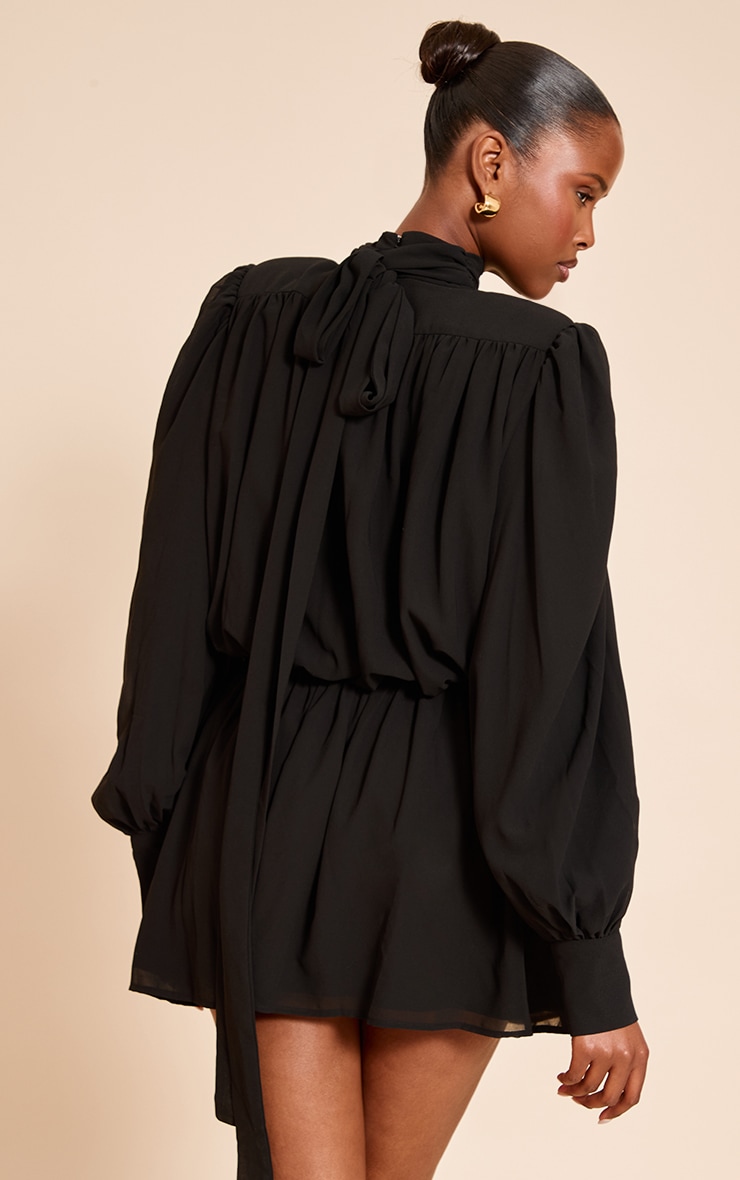Black Structured Chiffon Long Sleeve Shift Dress image 2