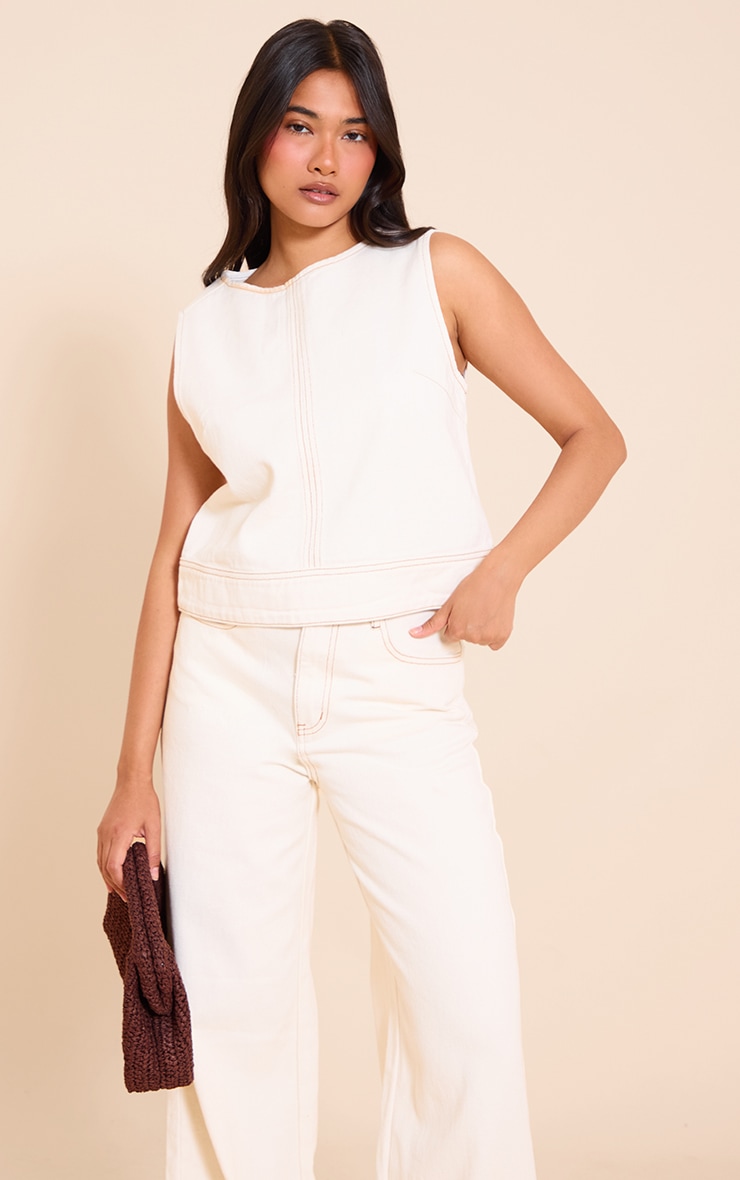 Ecru Round Neck Sleeveless Boxy Denim Top | Denim