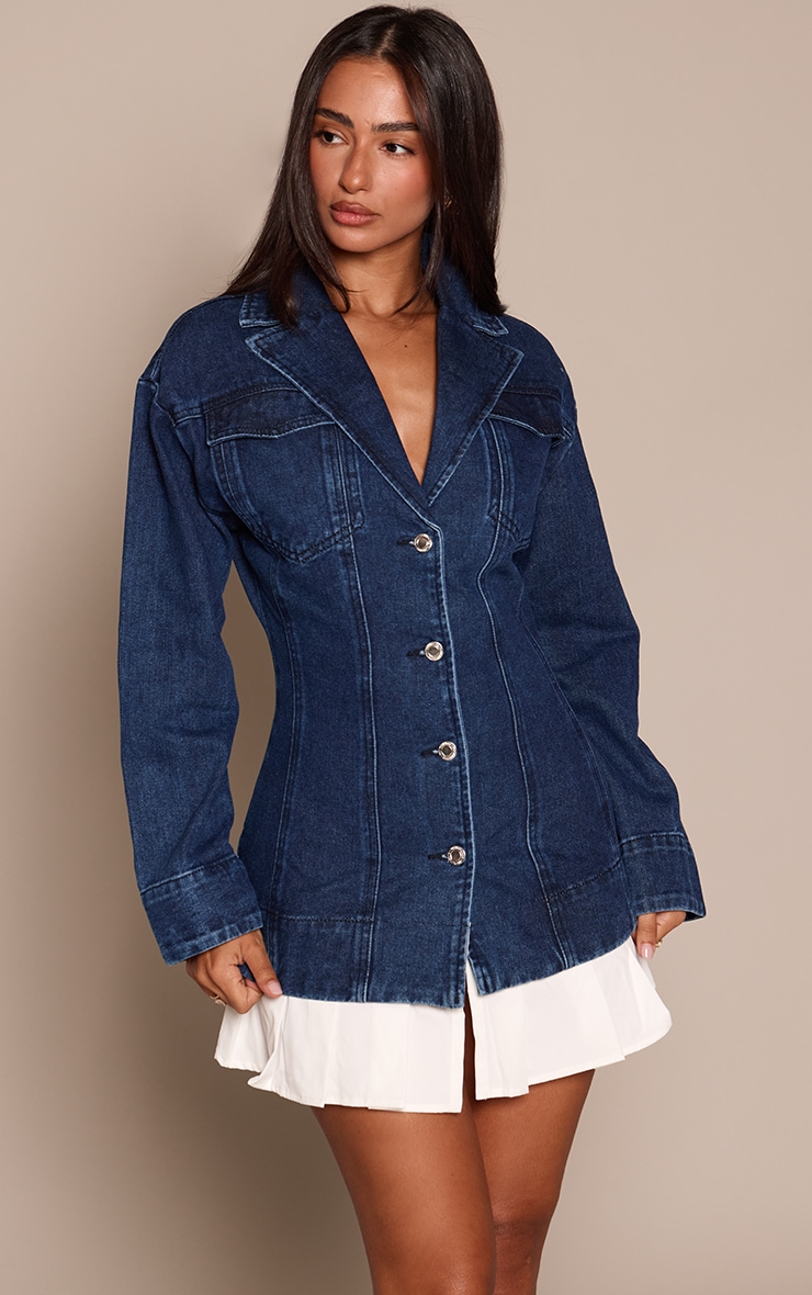 Petite Indigo Denim Fitted Mini Dress With Pleat Details image 1