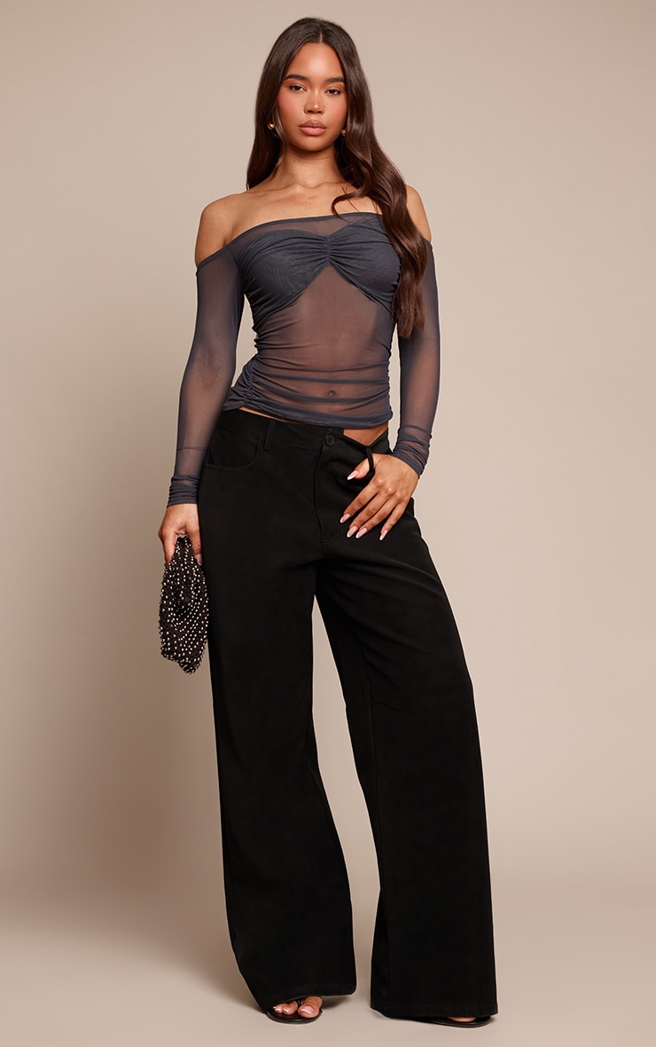 Charcoal Sheer Mesh Bust Panel Bardot Long Sleeve Top  image 3
