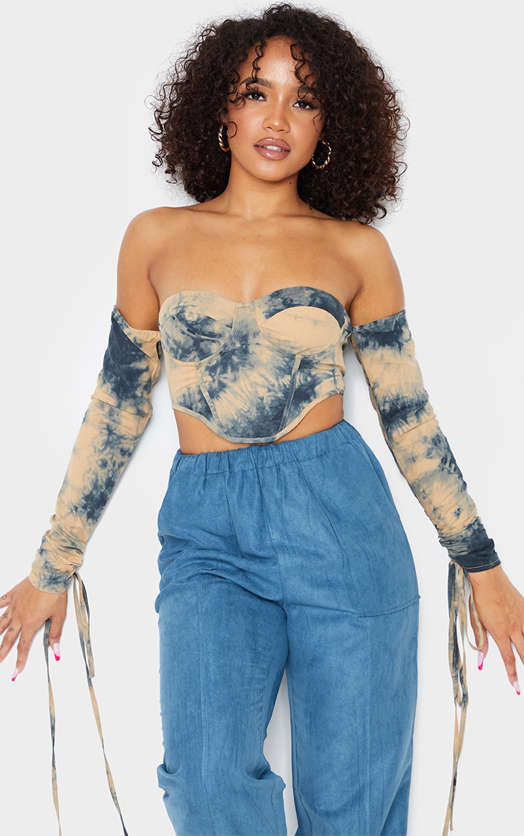 Grey Tie Dye Ruched Long Sleeve Bardot Crop Top