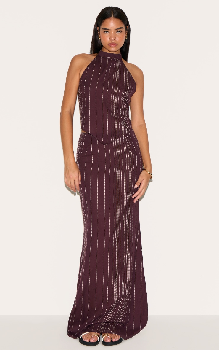 Tall Dark Brown Embroidered Stripe Maxi Skirt image 1