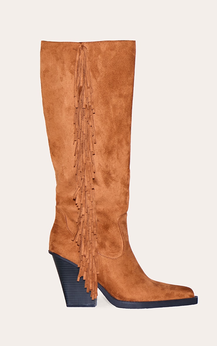 Bottes hautes pointues en suédine marron clair à talon haut carré et franges image 5