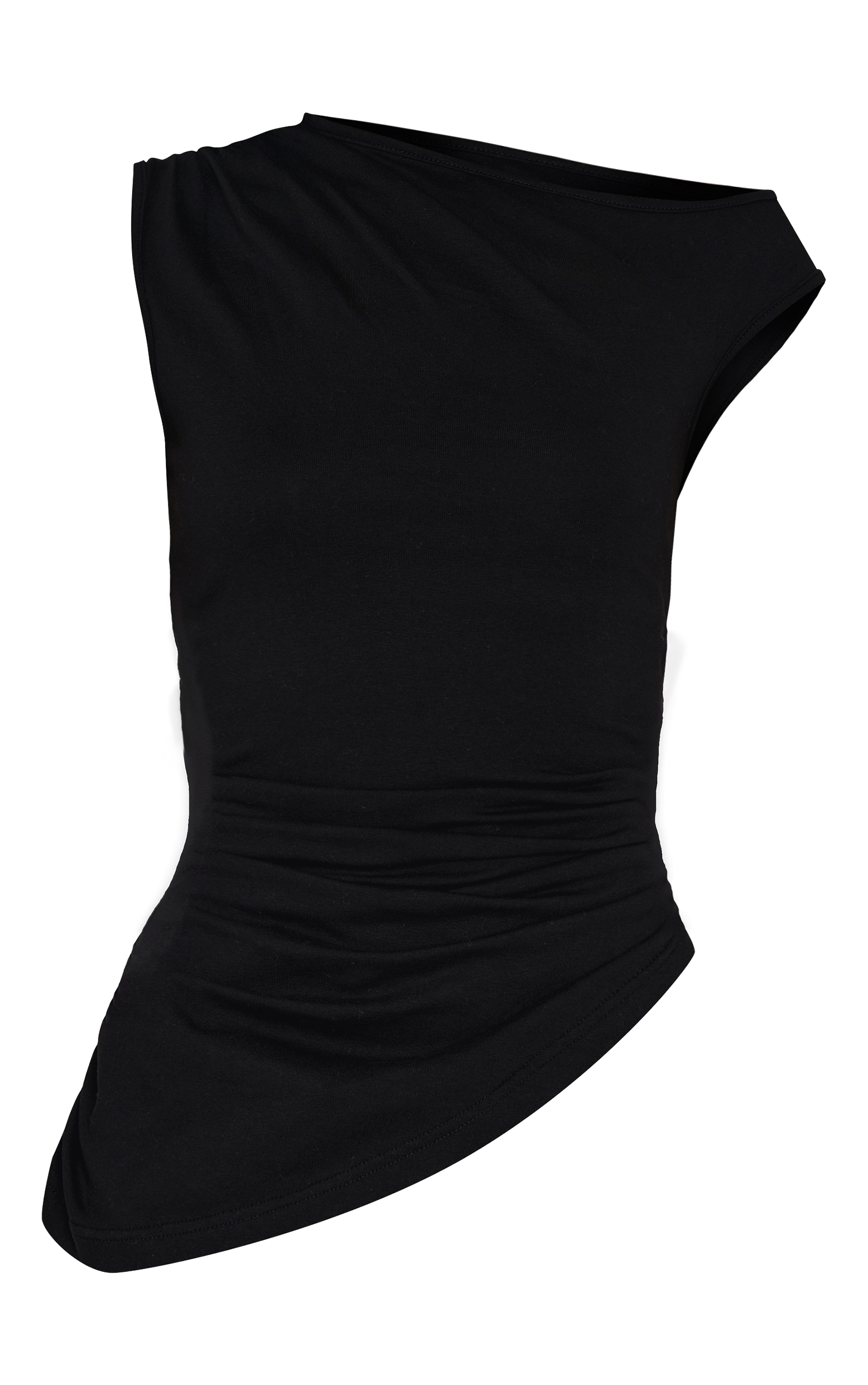 Black Asymmetric Shoulder Ruched Longline Top image 5