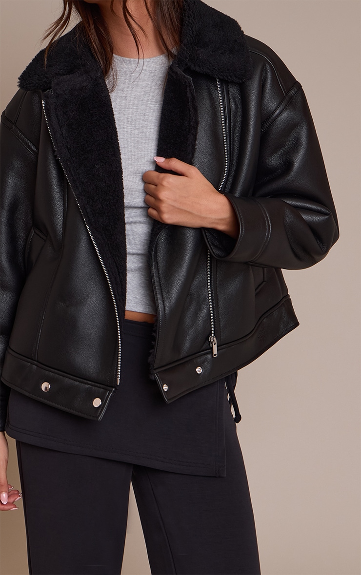 Black Borg Collar Faux Leather Aviator image 4
