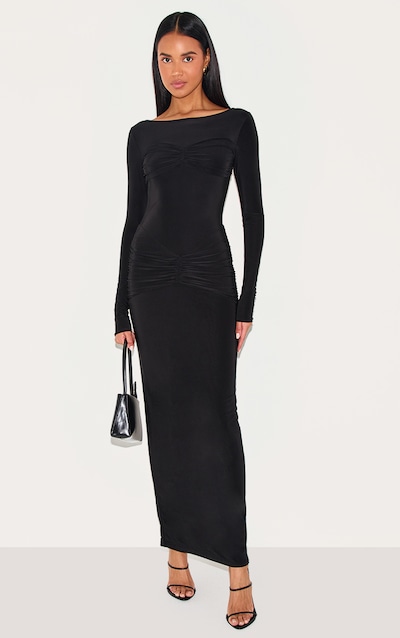 Black Slinky Ruched Panel Detail Maxi Dress
