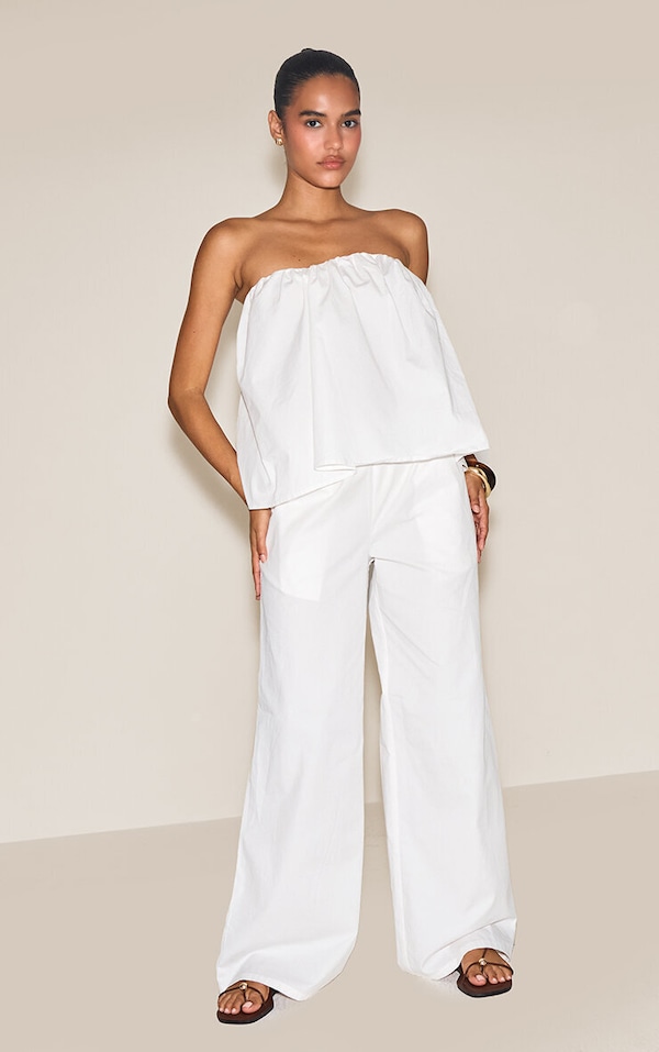  Cream Cotton Woven Elasticated Waist Wide Leg Pants