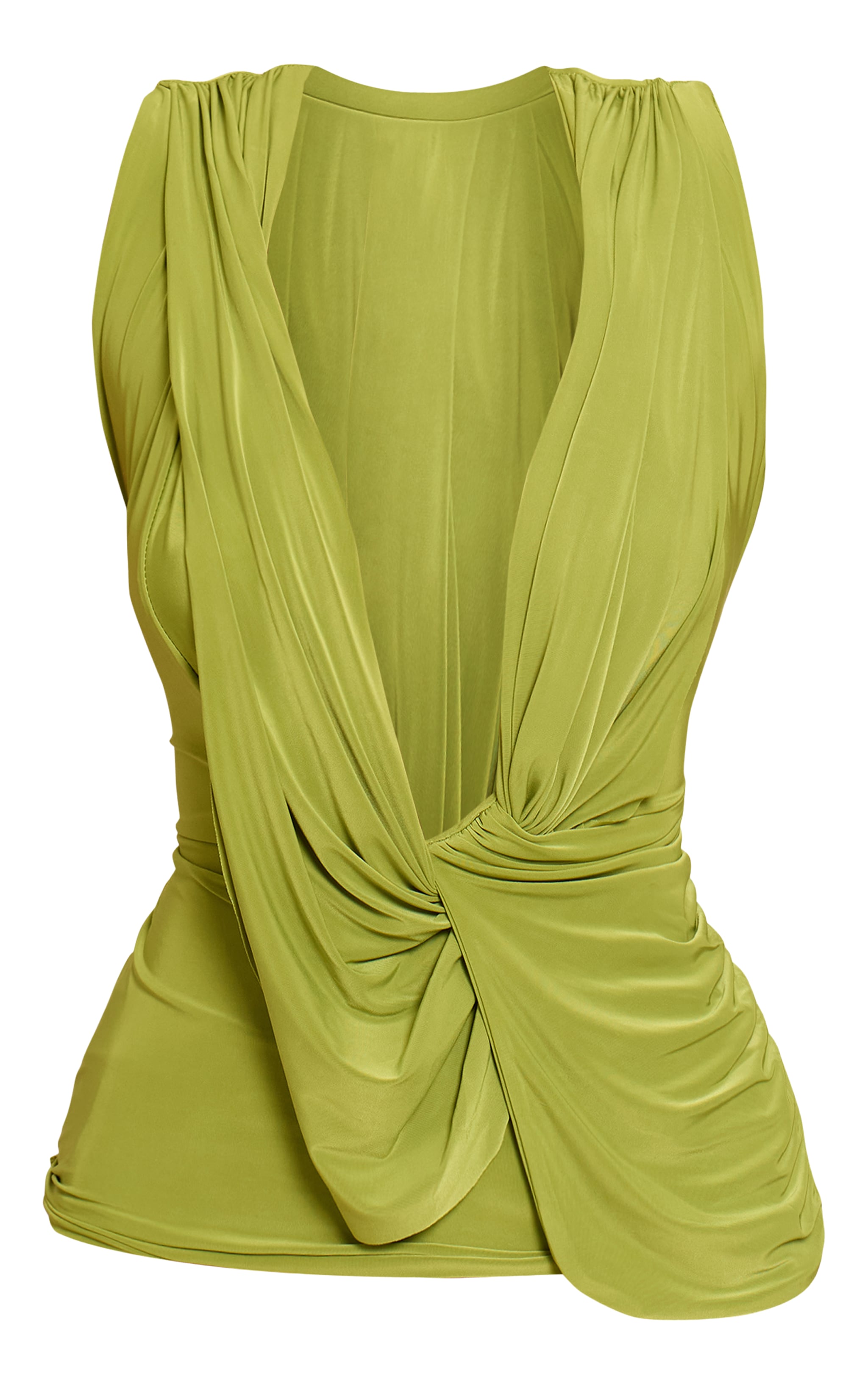 Olive Double Layer Cowl Drape Ruched Long Top image 5