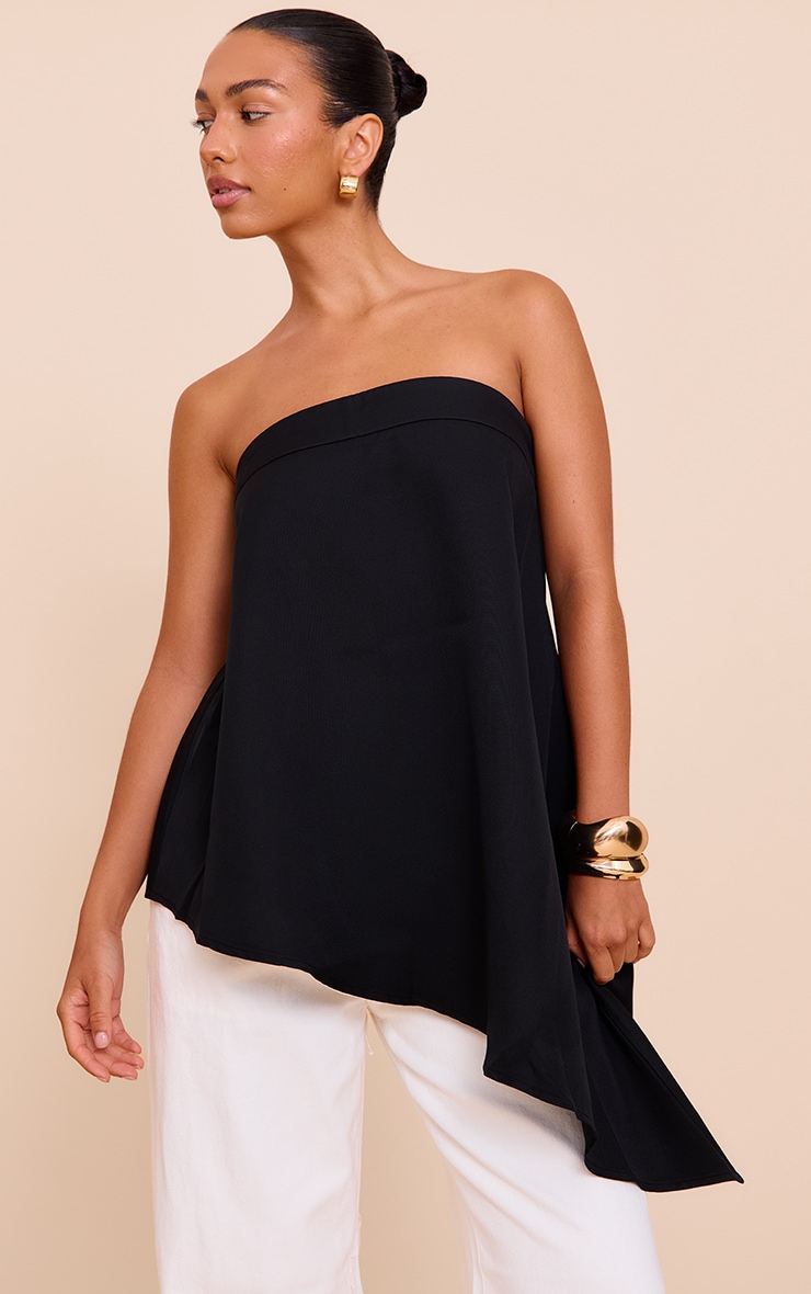 Black Woven Bandeau Asymmetric Hem Floaty Long Top image 1