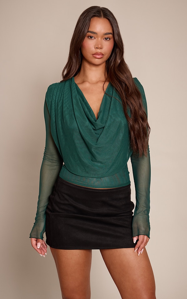Top en mesh vert olive à col bénitier et manches longues