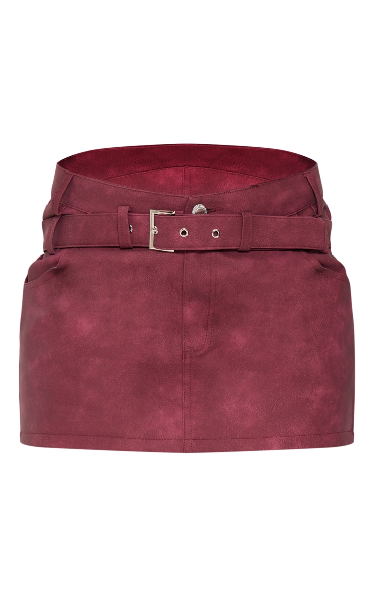 Cherry Red Washed Faux Leather Buckle Detail Mini Skirt image 6