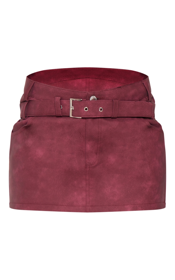 Cherry Red Washed Faux Leather Buckle Detail Mini Skirt