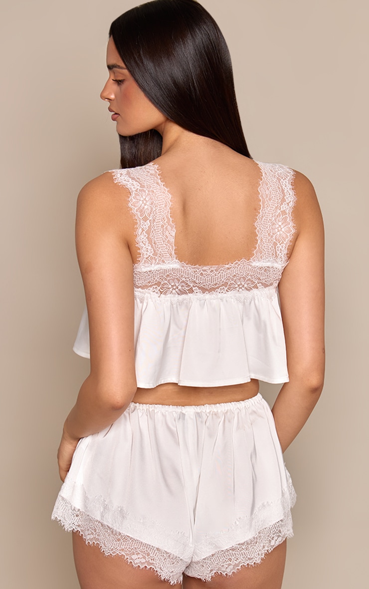 Cream Satin Lace Up Front Flowy Pajama Cami & Shorts image 2
