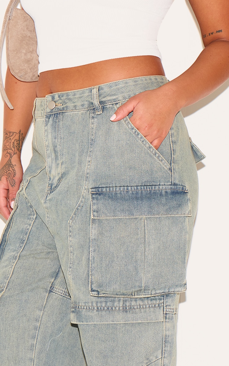 Plus Vintage Wash Cargo Wide Leg Denim Jeans | Plus Size