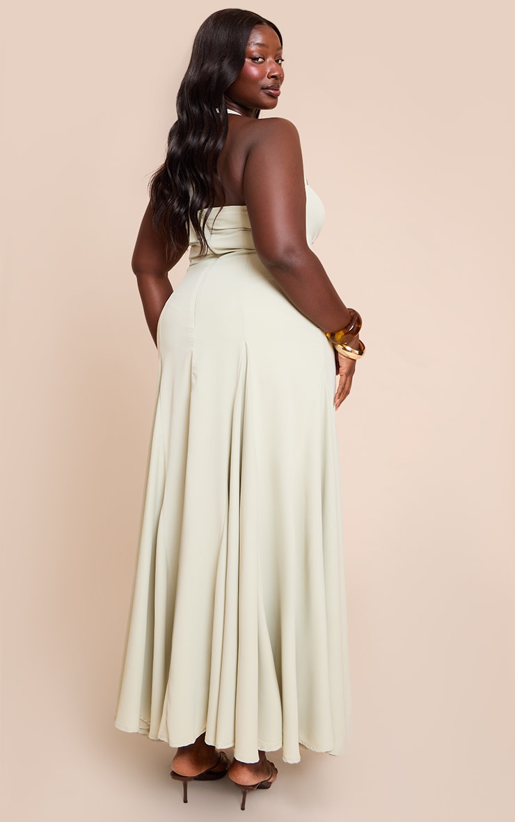 Plus Sage Woven Halterneck Ruched Bust Detail Maxi Dress image 2