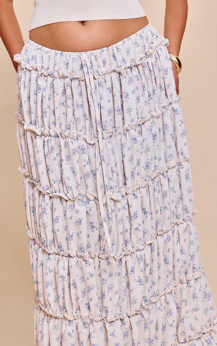 Plus Blue Ditsy Floral Print Tiered Maxi Skirt image 4