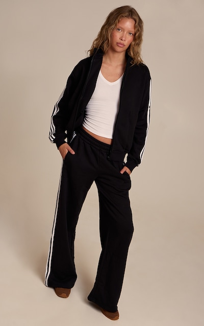 Black Double Side Stripe Wide Leg Sweatpants