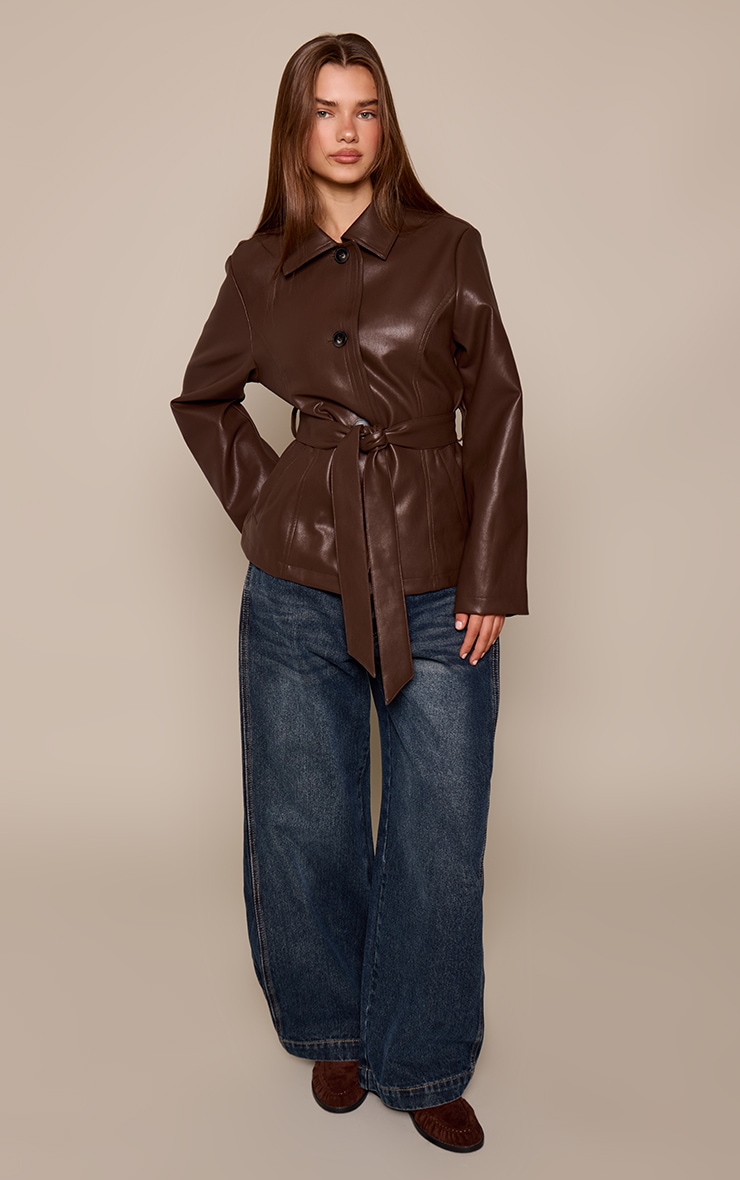 Chocolate Faux Leather Tie Waist Jacket image 3