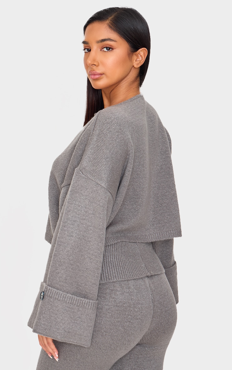 Petite Ash Grey Knitted Turn Up Sleeve Cardigan image 2