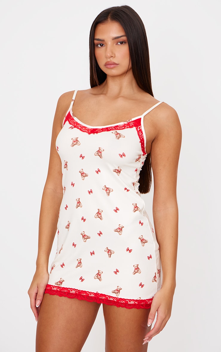 Cream Teddy Print Lace Trim Cami Nightie image 1