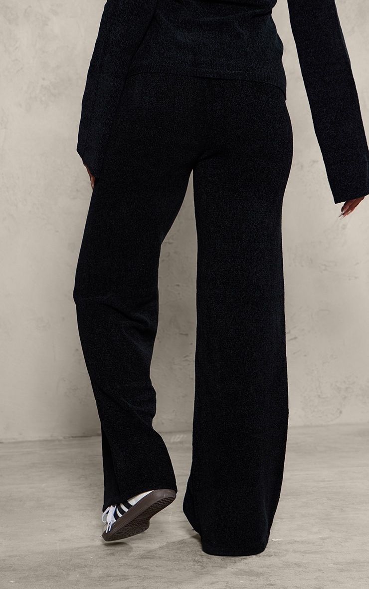 Black Soft Textured Knit Drawstring Wide Leg Pants image 3