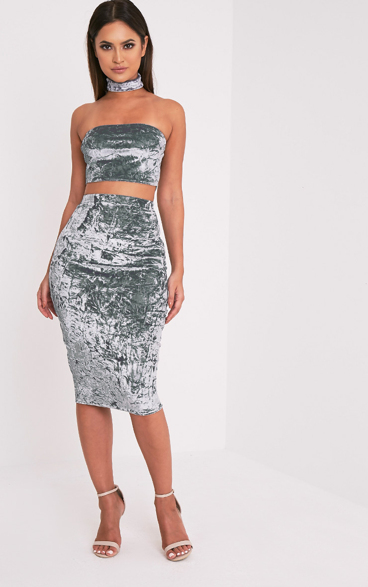 Lacy Silver Crushed Velvet Midi Skirt Skirts PrettylittleThing