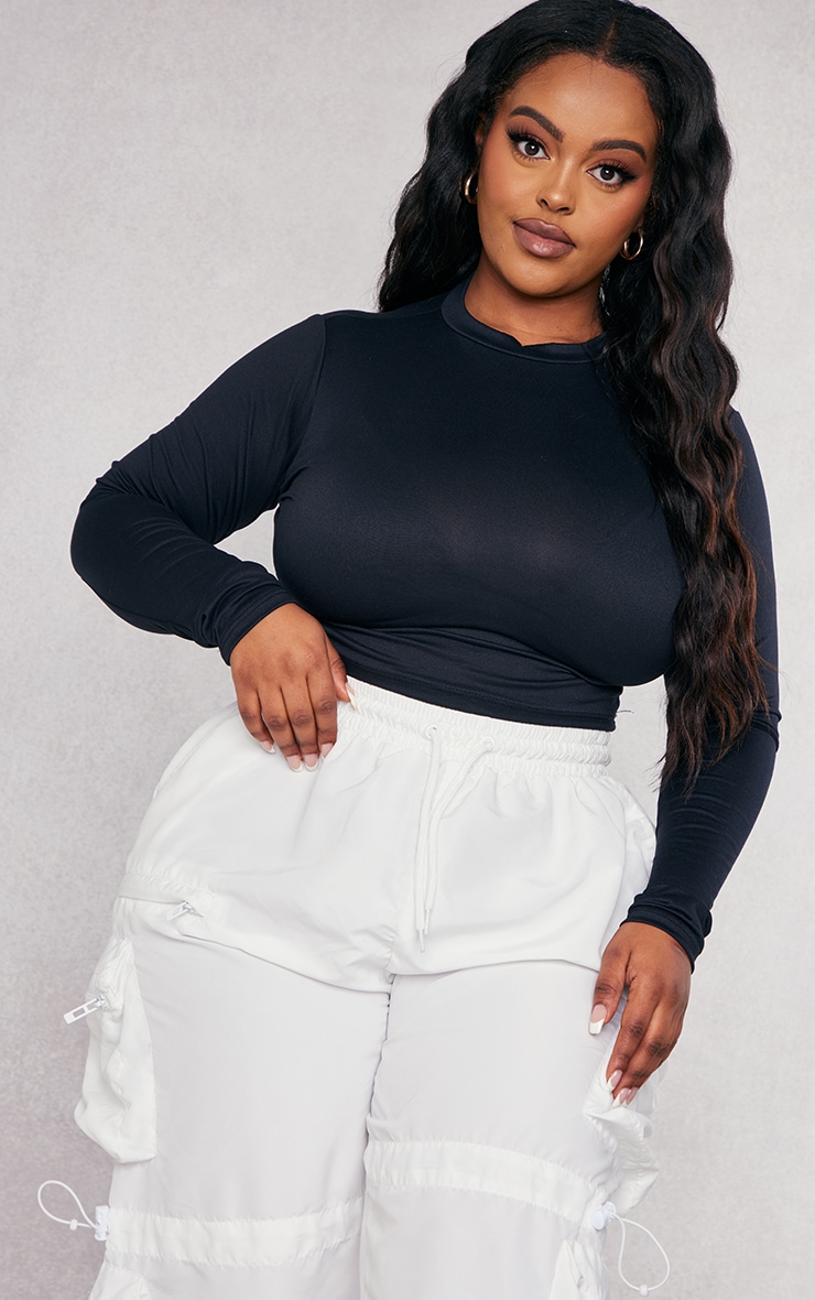 Plus Black High Neck Soft Touch Long Sleeve Crop Top image 4