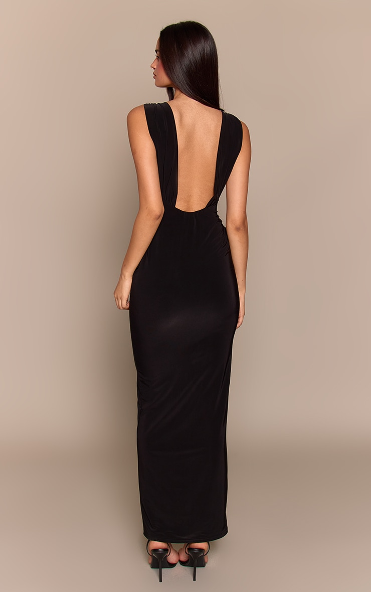 Black Double Layer Slinky Plunge Trim Detail Maxi Dress image 3