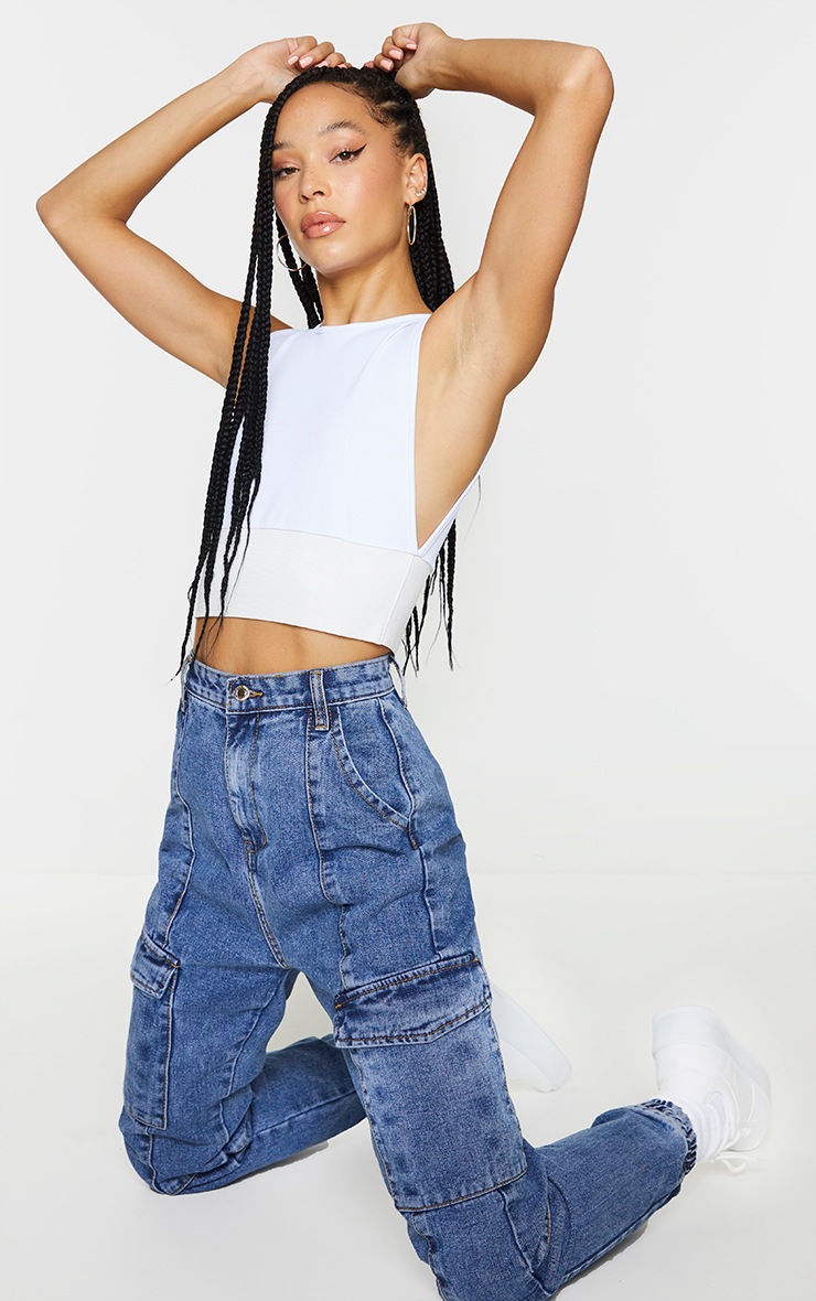 White Slinky Deep Waistband Crop Top