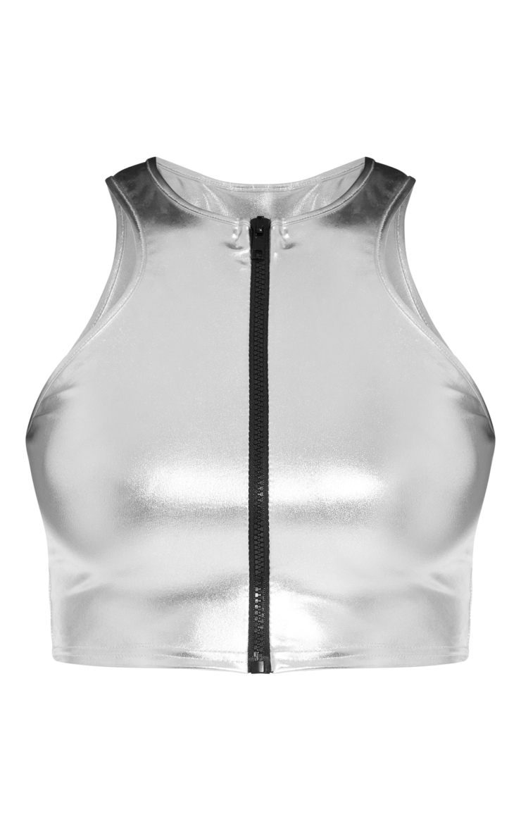 Silver High Shine Zip Down Racer Bikini Top image 5