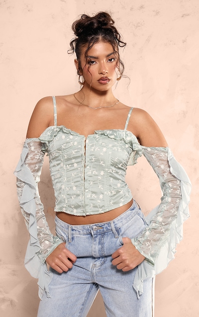 Sage Green Applique Detail Woven Hook & Eye Frill Boned Bardot Corset