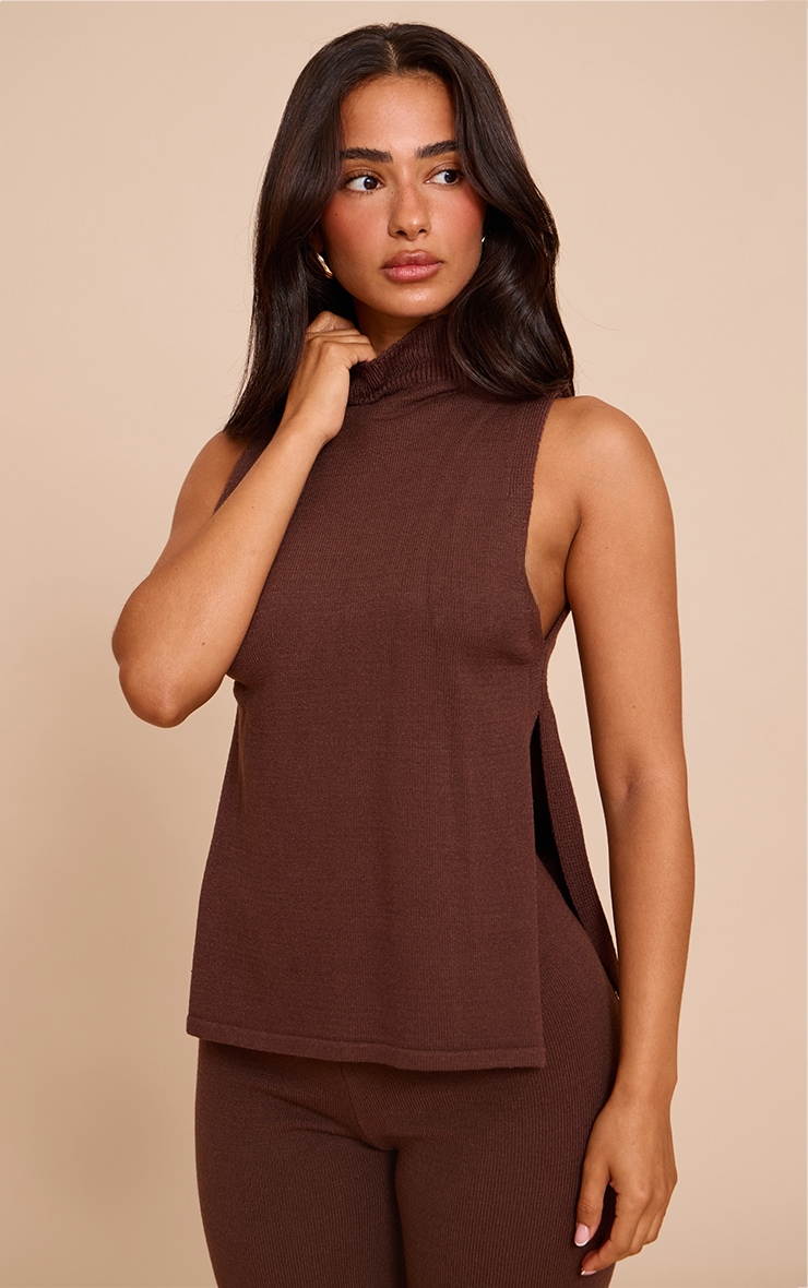 Petite Chocolate High Neck Knitted Sleeveless Top image 1