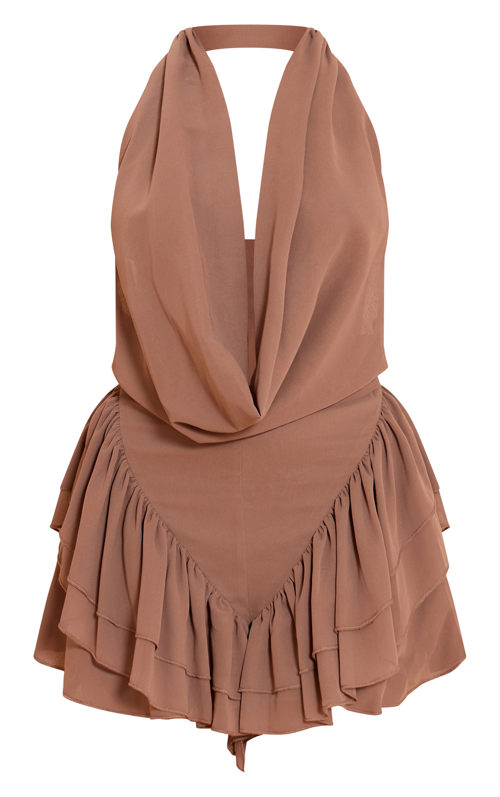 Mocha Chiffon Cowl Neck Frill Romper image 5
