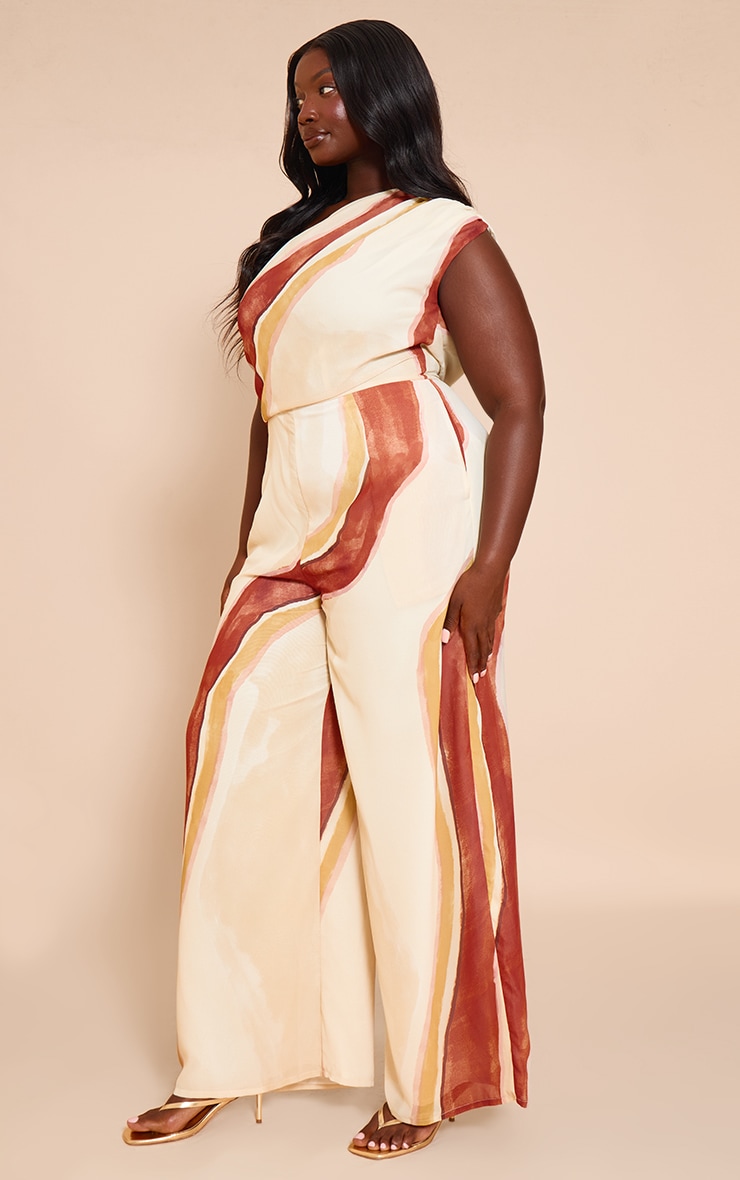 Plus Cream Abstract Chiffon One Shoulder Ruched Jumpsuit image 3