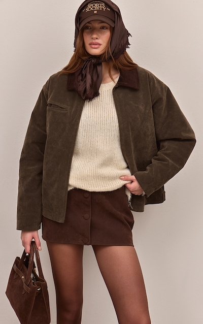 Khaki Faux Suede Contrast Collar Jacket