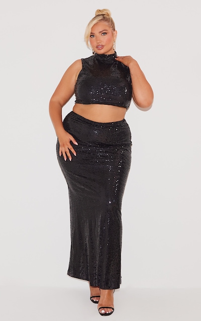 Plus Black Sequin High Waist Maxi Skirt
