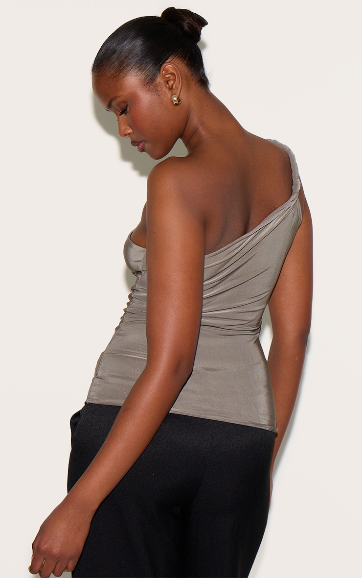 Mushroom Double Layer Slinky Twist Detail One Shoulder Long Top image 2