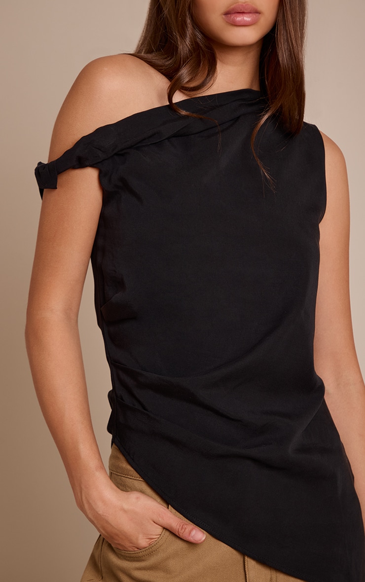 Black Tencel Asymmetric Drape Long Top image 4