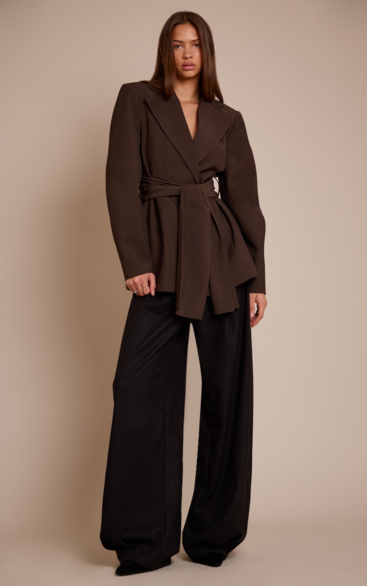 Chocolate Gathered Wrap Waist Belted Blazer image 3
